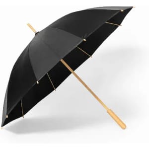 A black umbrella with a wooden handle and frame, featuring spokes for support.