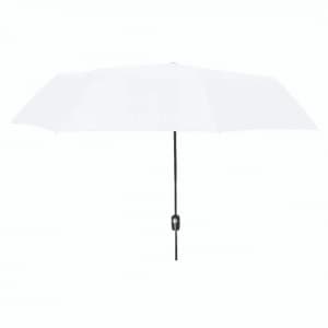 A white umbrella with a black handle and mechanism, featuring a sleek and simple design.