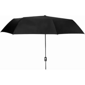 A black umbrella with a sleek design and a button mechanism for easy opening and closing. It features a single logo on the handle.