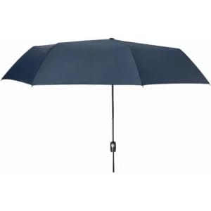 A drink bottle with a dark blue umbrella, featuring a black handle and a simple design. It has a logo on the umbrella.