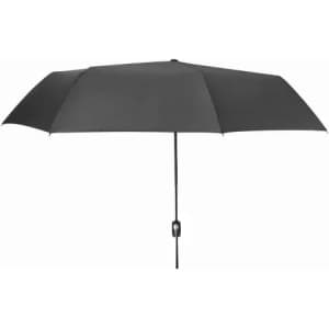 A black umbrella with a straight handle and a button mechanism for opening and closing. It features a simple design.