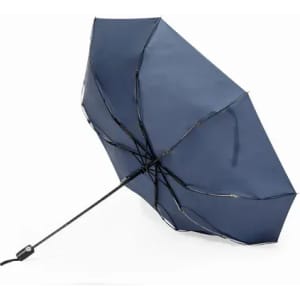 A navy blue umbrella with a black handle and a curved shape, featuring a branding logo.