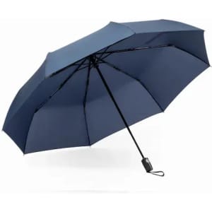 A navy blue umbrella with a black handle and automatic opening mechanism. It features a simple, sleek design.