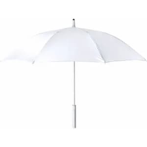 A white umbrella with a white handle and multiple panels, featuring a simple design.