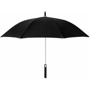 A black umbrella with a sturdy handle and a wide canopy. It features a simple design and has a logo.