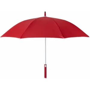A red umbrella with a white handle, featuring a classic, wide canopy design.