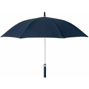 A navy blue umbrella with a silver handle and a central peak for stability. Features a branding logo on the handle.