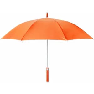 An orange umbrella with a silver handle, featuring multiple segments for coverage.