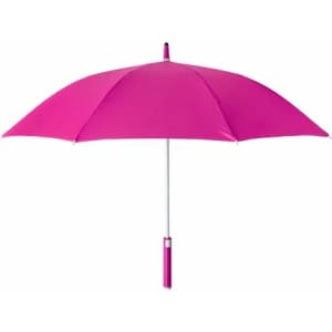 A pink umbrella with a white shaft and a matching handle, featuring a simple design and no visible branding.