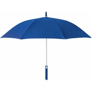 A blue umbrella with a curved canopy and a straight handle. It features a logo on the handle.