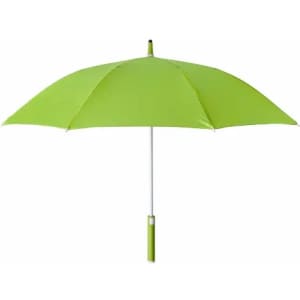 A green umbrella with a white handle and a sturdy frame, featuring a logo on the canopy.