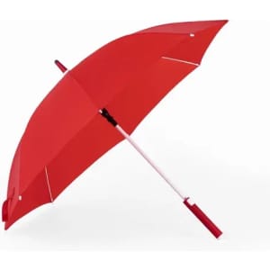 A red umbrella with a white handle, featuring a logo on the canopy.