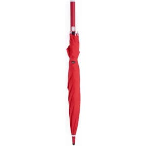 A red umbrella with a closed design, featuring a small logo on the handle.