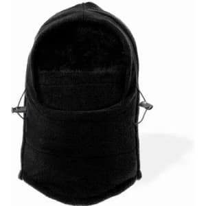 A black hat with a fluffy interior and drawstring fasteners. It features a logo on the exterior.