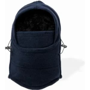 A navy blue fleece hat with a soft lining and drawstring adjustments. Features a front pocket.