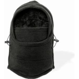 A black fleece hood with an inner lining and an adjustable drawstring. It features a front pocket.