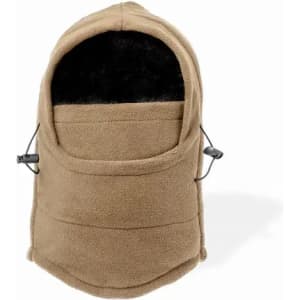 A brown fleece hood with a front pocket and drawstrings for adjustment. It has a soft, plush interior.