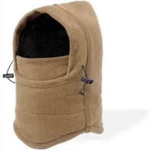 A brown fleece hood with a black interior and drawstring adjustments at the front. It has a simple design and structure.