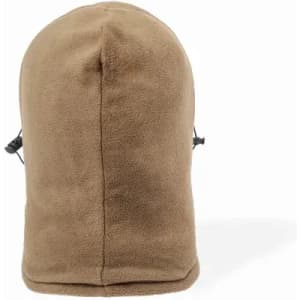 A brown fleece beanie with adjustable drawstrings. The beanie has a smooth, rounded top and a simple design.