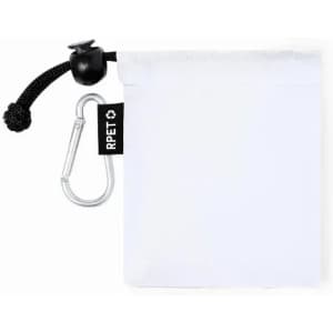 A small white pouch with a drawstring and a silver carabiner attached, featuring a branding tag.