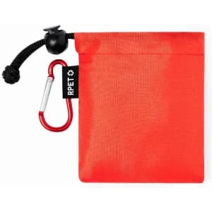 A red pouch featuring a drawstring closure and a carabiner, with a logo tag on the side.