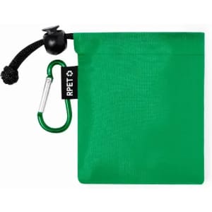 A green pouch with a drawstring and a carabiner clip attached. The pouch features a logo.