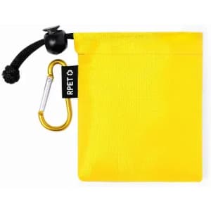 A yellow pouch with a drawstring closure, featuring a carabiner and a logo.