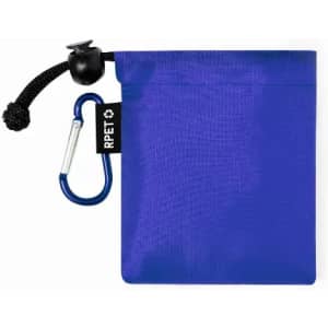A blue pouch with a drawstring and a carabiner clip, featuring a branding tag.