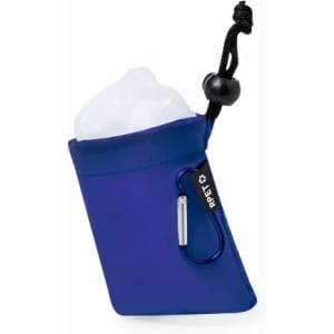 A drink bottle in a blue pouch with a carabiner clip and a drawstring closure.