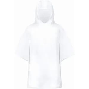 A white poncho with a hood, featuring short sleeves and a loose fit. It has a simple design without any visible branding.
