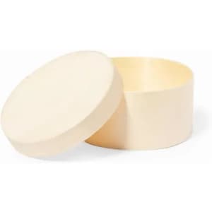A round, light-coloured wooden box with a removable lid. The interior is smooth and unadorned.