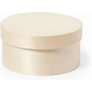 A round, cream-coloured box with a smooth finish and a removable lid.