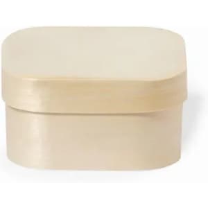 A storage box in a light beige colour with a smooth, rounded shape and a hinged lid.