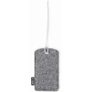 A grey felt luggage tag with a clear strap, featuring a small logo on one side.
