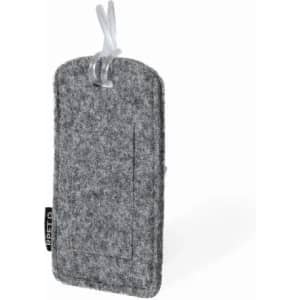 A grey felt drink bottle sleeve with a secure strap and a small logo tag attached.