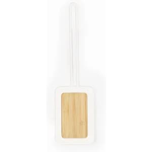A kitchen utensil with a wooden base and a white handle, designed for serving or flipping food.