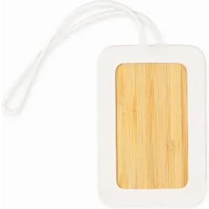 A rectangular tag with a bamboo centre, framed in white, featuring a loop for attachment.