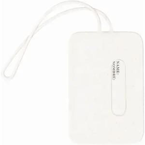 A product tag in a soft white colour with a string attachment, featuring a section for a name.