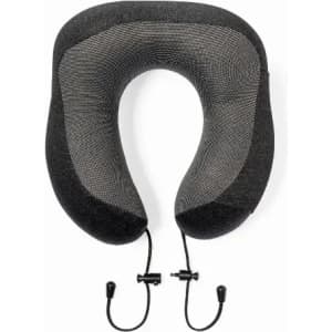 A travel neck pillow in black and grey, featuring adjustable ties and a contoured design for support.