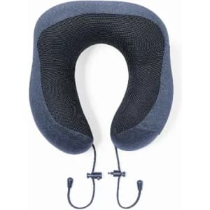 A travel neck pillow in dark grey with a textured mesh centre and adjustable drawstrings.