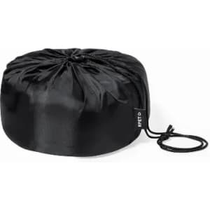 A drawstring pouch in shiny black fabric, featuring a cinched closure and a small branded tag.