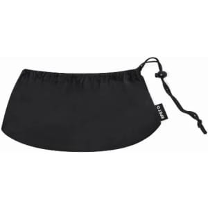 A black drawstring pouch with a cinched opening and a toggle. It features a small branding label.