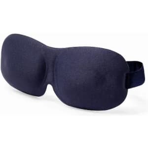 A sleep mask in dark navy colour with a soft, contoured design and adjustable strap. It features a logo.