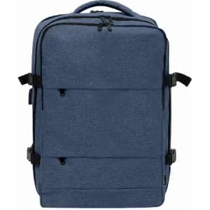A navy blue backpack with multiple compartments and adjustable straps, featuring a sleek design.