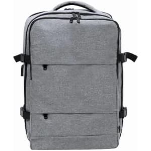 A grey backpack with multiple compartments, zippers, and adjustable straps, featuring a logo on the front.