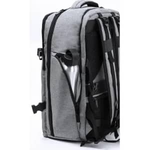 A grey backpack with black accents, featuring a silver drink bottle tucked into a side pocket.