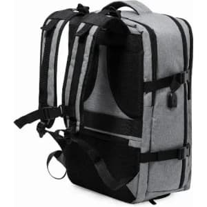A grey and black backpack with adjustable straps and a mesh back panel, featuring a logo.