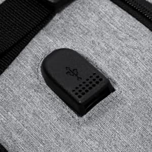 A grey promotional product with a black USB port, featuring a logo on a textured surface.