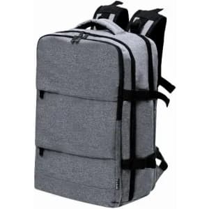 A grey backpack featuring multiple compartments and adjustable straps. It has a logo on the side.