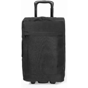 A black rolling luggage bag with a sturdy handle and wheels for easy transport. It features a textured fabric.
